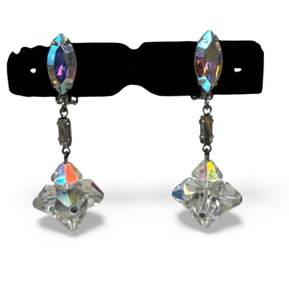 Vtg Lewis Segal California Aurora Borealis Rhinestone Dangling Clip-on Earrings